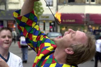 Fire eater Nigel Hanley of Northern Centre for performing arts in Doncaster town centre on April 24, 2000.
