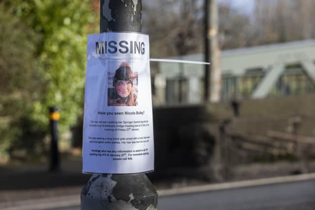 A missing notice on a lamppost near where Nicola Bulley went missing, pictured in Lancs, Jan 30 2023.