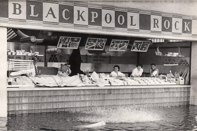 Blackpool Rock stall, at the Pleasure Beach, from the late 1950s. Picture sent in by Geoff Race, shows the main avenue flooded