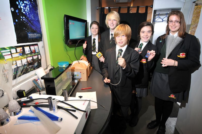 A lorry converted into a science laboratory visited St George's High School, Marton. L-R Phillipa Barber, Thomas Dewhirst, Jake Ratcliffe, Talia Stott and Amy Steedman.
