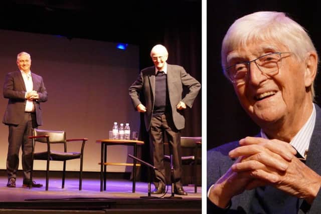 Left: Sir Michael Parkinson on stage with his son Michael Parkinson Junior. Right: another image from the night