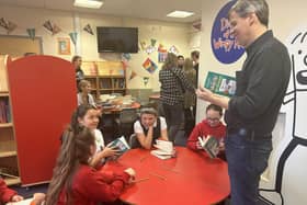 Author Jeff Kinney talks to youngsters about his book, Diary of a Wimpy Kid