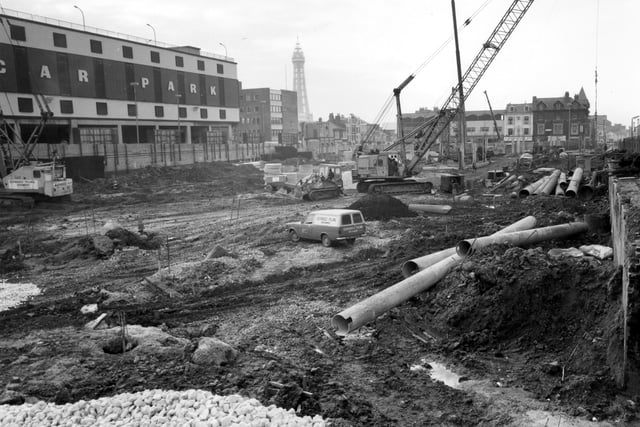 With the old station gone, work began on the car park and shopping complex on the corner of Talbot Road and Dickson Road. In the background is Talbot Road bus station with the car park above. All change again under the new Talbot Gateway project