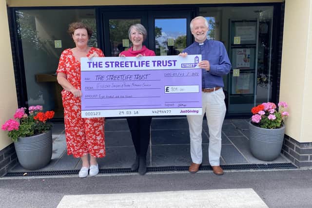 Coun Jane Hugo (left) with Rose Mary Owen from the Encore singers and Rev Will Hunter, minister at Poulton Methodist Church.