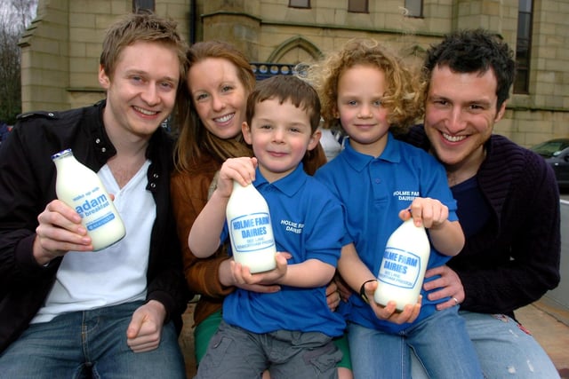 Rock FM DJs Ross Beresford, Gemma Dee and Adam Catterell with Sam, five, and Lizzy Simpson, eight, from Holme Farm Dairies in Penwortham, who are backing the I Love Milk campaign