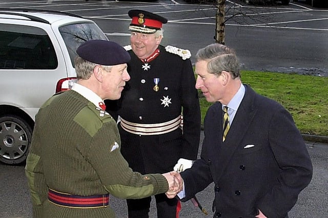 Prince Charles is welcomed to Fulwood Barracks, by Brigadier Mike Wharmby in Also pictured is the Lord Lieutenant of Lancashire - Lord Shuttleworth, 2003