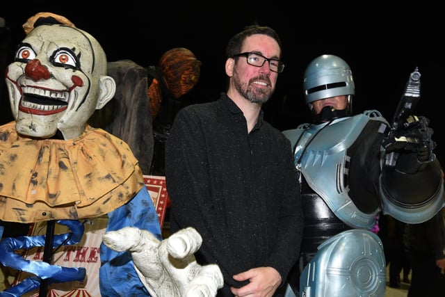 Event organiser Nigel Moran with Robocop and a very creepy clown