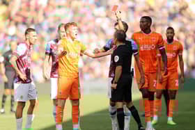 Sonny Carey was shown a red card against Burnley, one of nine Blackpool dismissals this season