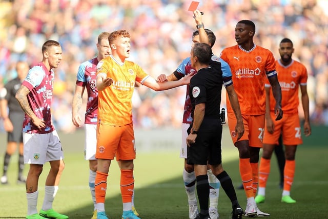 Sonny Carey was shown a red card against Burnley, one of nine Blackpool dismissals this season