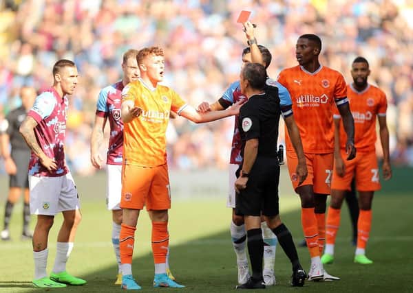 Sonny Carey was shown a red card against Burnley, one of nine Blackpool dismissals this season