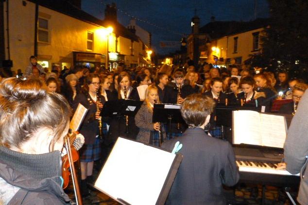 Garstang Community Academy band and choir at the switch-on of Garstang's Christmas lights in 2014