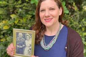 Kristine Murray, who chairs the Wrea Green D-Day 80th Anniversary Committee, holding a photo of her husband’s grandfather, Stanley Murray of the 178 Pioneer Porps, who was involved in D-Day.