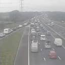 Two lanes are closed with miles of queuing traffic due to a vehicle fire on the M6 Northbound from J33 (A6, Lancaster South / Garstang) to J34 (Bay Gateway, Lancaster).