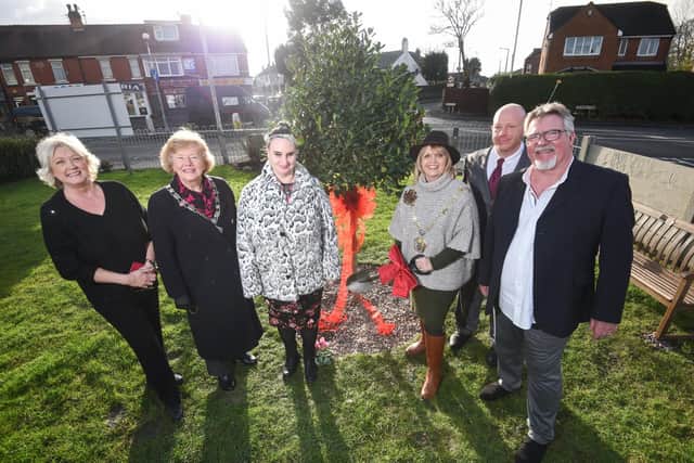 Official opening of the Tree of Remembrance at The New Church on the Corner. Pictured L-R are Bev Kinnon, deputy mayor Sue Caterall, coun Holly Swales, mayor of WyreJulie Robinson, Alexander Yiannacou and Frank Kinnon.