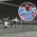 Stan Mortensen scores back in 1953 and inset, İlkay Gündoğan celebrates at Wembley on Saturday