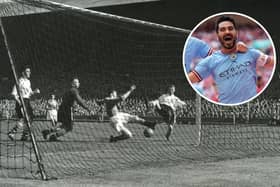 Stan Mortensen scores back in 1953 and inset, İlkay Gündoğan celebrates at Wembley on Saturday
