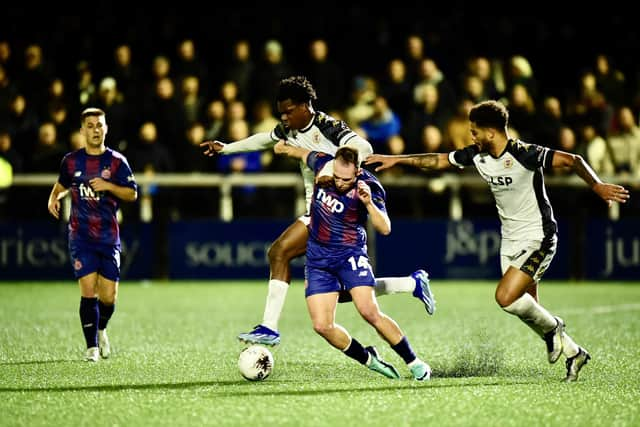 Action from AFC Fylde's narrow defeat at Bromley photo: Steve McLellan