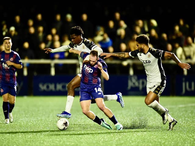 Action from AFC Fylde's narrow defeat at Bromley photo: Steve McLellan