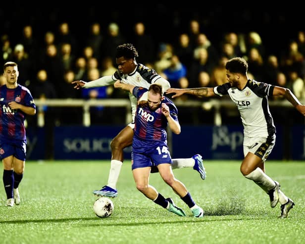 Action from AFC Fylde's narrow defeat at Bromley photo: Steve McLellan