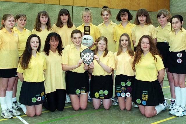 Greenlands High School (Blackpool), year eight (winners of the Blackpool U13 tournament)  and year 11 (winners of Blackpool U16 league) - netball teams.  Back, from left, Rachel Buckley, Michelle Wilsden, Laura Moir, Lyndsey Ryan, Gemma Orwin, Raine Davies, Sally Hempel, Clare Pearce,  Samantha Moss and Cheryl Ryan.. Kneeling, from left, Clare Bennett, Leanne Rushworth, Lynsey Houghton, Vicky McIntyre, Claire Griggs and Joanne Anderson, 1997