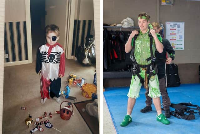 Left: a young Jordan dressed as a pirate. Right: preparing to sky dive dressed as Peter Pan.
