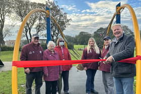 he new swing at Memorial Park and the official opening today left to right Iaine Johntsone, Ella Fletcher, Pauline Smith, Pat Greaves, Yvonne Johnstone from the Friends of Memorial Park and Councillor Simon Bridge, Portfolio Holder for Street Scene, Parks and Open Spaces at Wyre Council