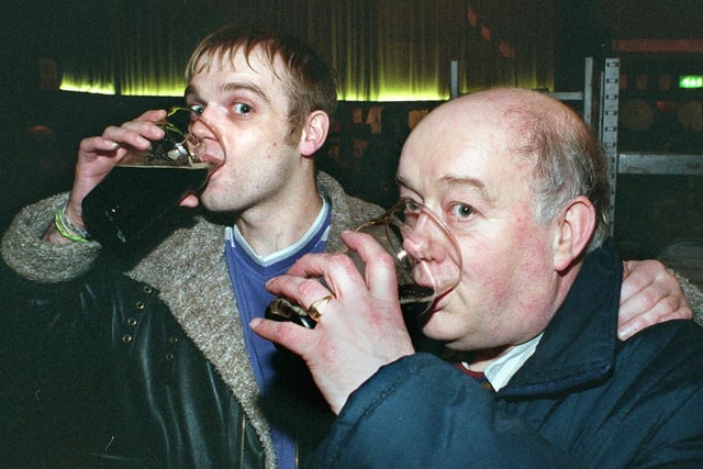 Dad and son - David and Chris Brown , from Fleetwood, enjoying a pint together at Fleetwood Beer Festival in 1999
