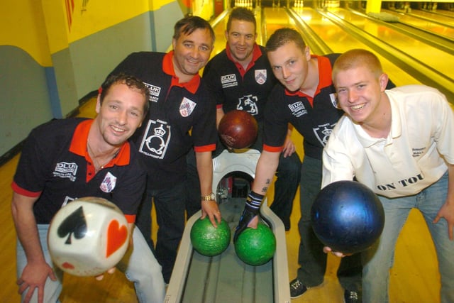 Bowlathon at Premier Bowl in Blackpool in aid of Wyre Juniors football team. The team were trying to raise money for a football tour to Spain. Pictured (left to right) are: Craig Hadgraft, Terry Chinn, Adam Holt, Stephen Derbyshire, and Jason Sinclair