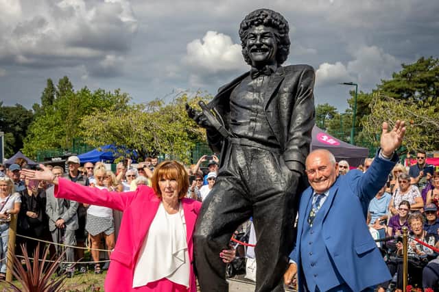 Tommy Cannon with Yvonne Ball at the unveiling of the Bobby Ball statue at Lowther Gardens, Lytham.