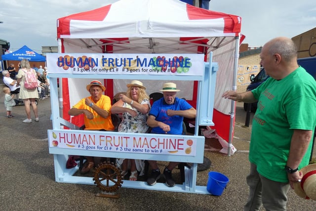 Fylde mayor Coun Cheryl Little joined in the fund at the St Annes Rotary Club's Human Fruit Machine at Lytham St Annes RNLI open day.