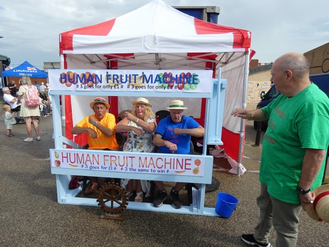 Fylde mayor Coun Cheryl Little joined in the fund at the St Annes Rotary Club's Human Fruit Machine at Lytham St Annes RNLI open day.