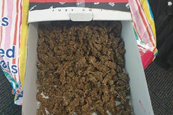 A woman was arrested after police discovered a shoebox full of weed as they searched a vehicle in Yeadon Way, Blackpool (Credit: Lancashire Police)