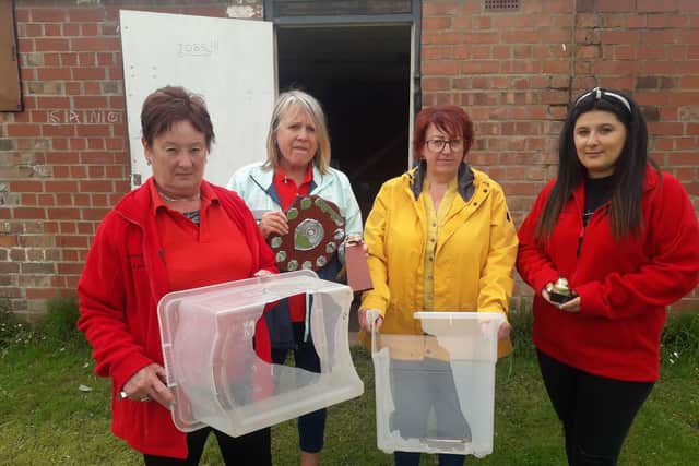 Devastated - Thornton Cleveleys Gala committee members at their storage hut after the damage - from left: Helen Moorhouse (secretary), Chrissie O'Connor, Linda Sheldon and Holly Moorhouse (chairman).