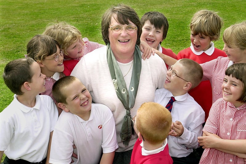 Hawes Side Primary School teacher Mrs Sandra Fairclough, retired after 30 years at the Blackpool school in 2002. She is pictured with some of the year three and four children she had taught