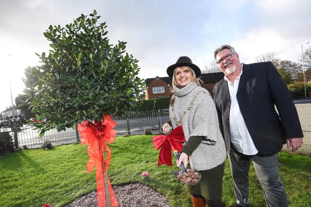 Official opening of the Tree of Remembrance at The New Church on the Corner. Mayor of Wyre Julie Robinson with Frank Kinnon.