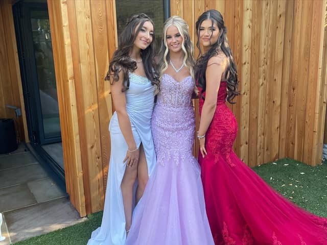 Amber Davis, Maddie Gilby and Ella Hall from Millfield High School, Thornton. Prom at the Glass House, Staining on June 29.