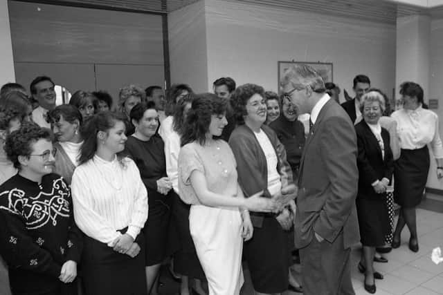 Prime Minister John Major meets staff as he visited the Lancashire Evening Post Offices. He was then taken on a tour of the building where he saw how the newspaper was put together, before being presented with his own newspaper, hot off the press, at Broughton Printers