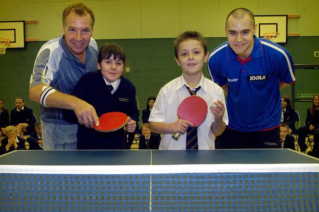 Former European champion John Hilton and England international Andrew Rushton gave a demonstration of table tennis at Palatine Sports Hall in Blackpool. Pictured is John (left) and Andrew, with pupils Nikki Surtees and Josh Hinds