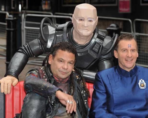 Rimmer (Chris Barrie) and two of his Red Dwarf co-stars Lister (Craig Charles) and Kryten (Robert Llewellyn)