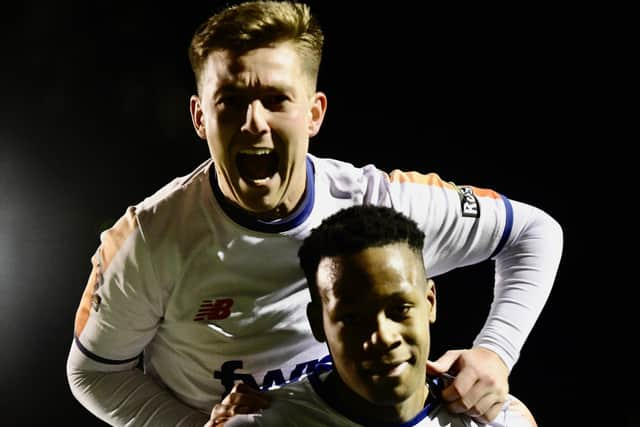 Fylde goalscorers Nick Haughton and Siya Ligendza (front) at Buxton Picture: STEVE MCLELLAN