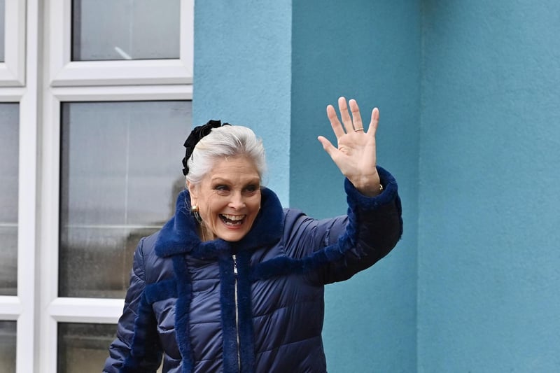 Angela Rippon gives a wave to the crowd