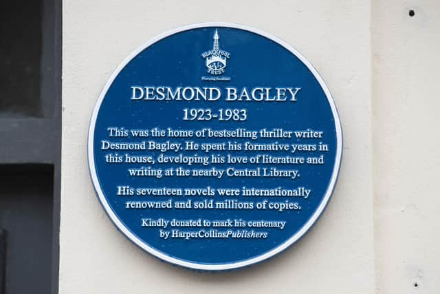 Unveiling of a blue plaque on Lord Street in Blackpool dedicated to author Desmond Bagley