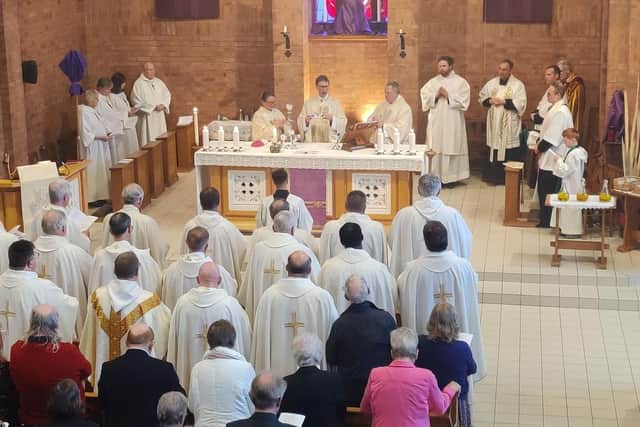 A view of Bishop Philip leading the Chrism Eucharist for The Society members and held on Palm Sunday in Blackpool