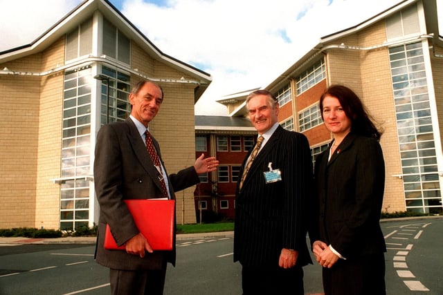 Paul LLoyd (left) Deputy Director of Income Related Benefits Directorate welcomes Derek Foster, Shadow Civil Service Minister and Labour Candidate Joan Humble to Norcross Civil Service Site, 1996