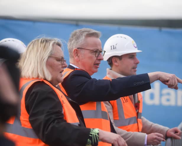 Levelling Up minister Michael Gove at the Blackpool Central development. He is pictured with council leader Lynn Williams and MP Scott Benton.