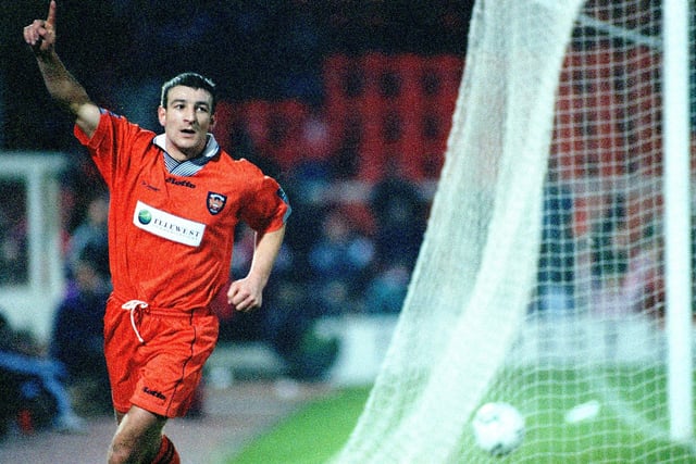Action from the Auto Windscreen Cup tie between Blackpool FC and York City in 1998. Pic shows the ball in the back of the net and Phil Clarkson celebrating the goal which brought Blackpool back into the match
