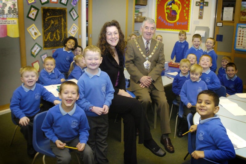 Mayor of Wyre, Councillor Maurice Richardson on a visit to St Mary's School, Fleetwood. The Mayor is pictured with teacher Jane Howey and her class, 2005