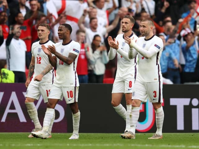 Kieran Trippier, Raheem Sterling, Jordan Henderson and Luke Shaw. (Photo by Catherine Ivill/Getty Images)