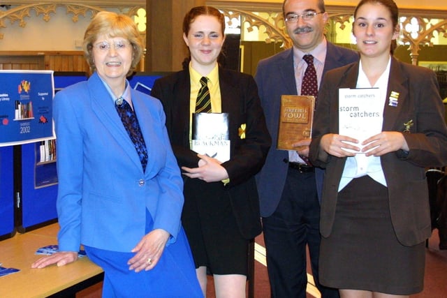 Lancashire Children's book of the Year Award at University of Central Lancashire. Pictured with winning books are Hazel Townson, Emma Hopper of Lytham St Annes High School, Kevin Ellard from UCLan and Sarah Turner of Baines High School in Poulton