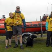 Kate and Darren Collins and their dog Roo (left) and Michelle and James Stannard with Sam ready to Leg It For the Lifeboats